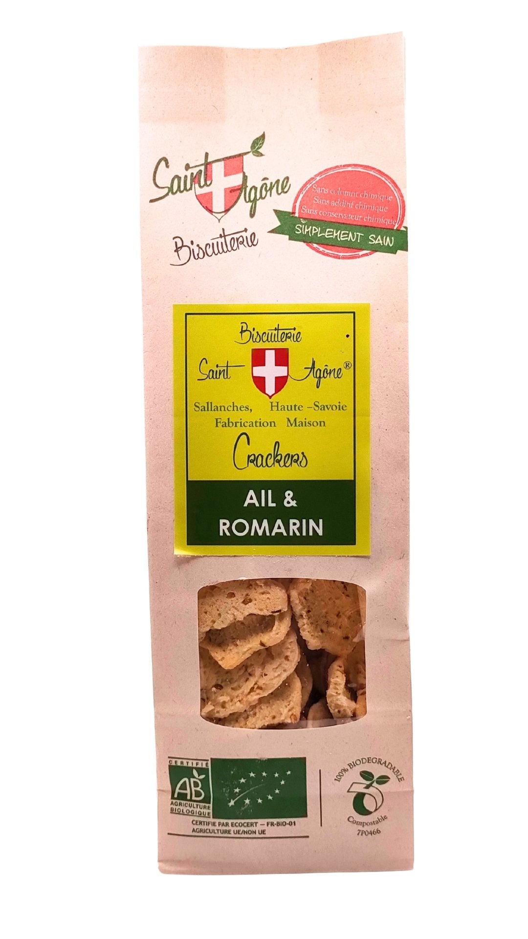 Devant du sachet biodégradable de Crackers ail romarin bio