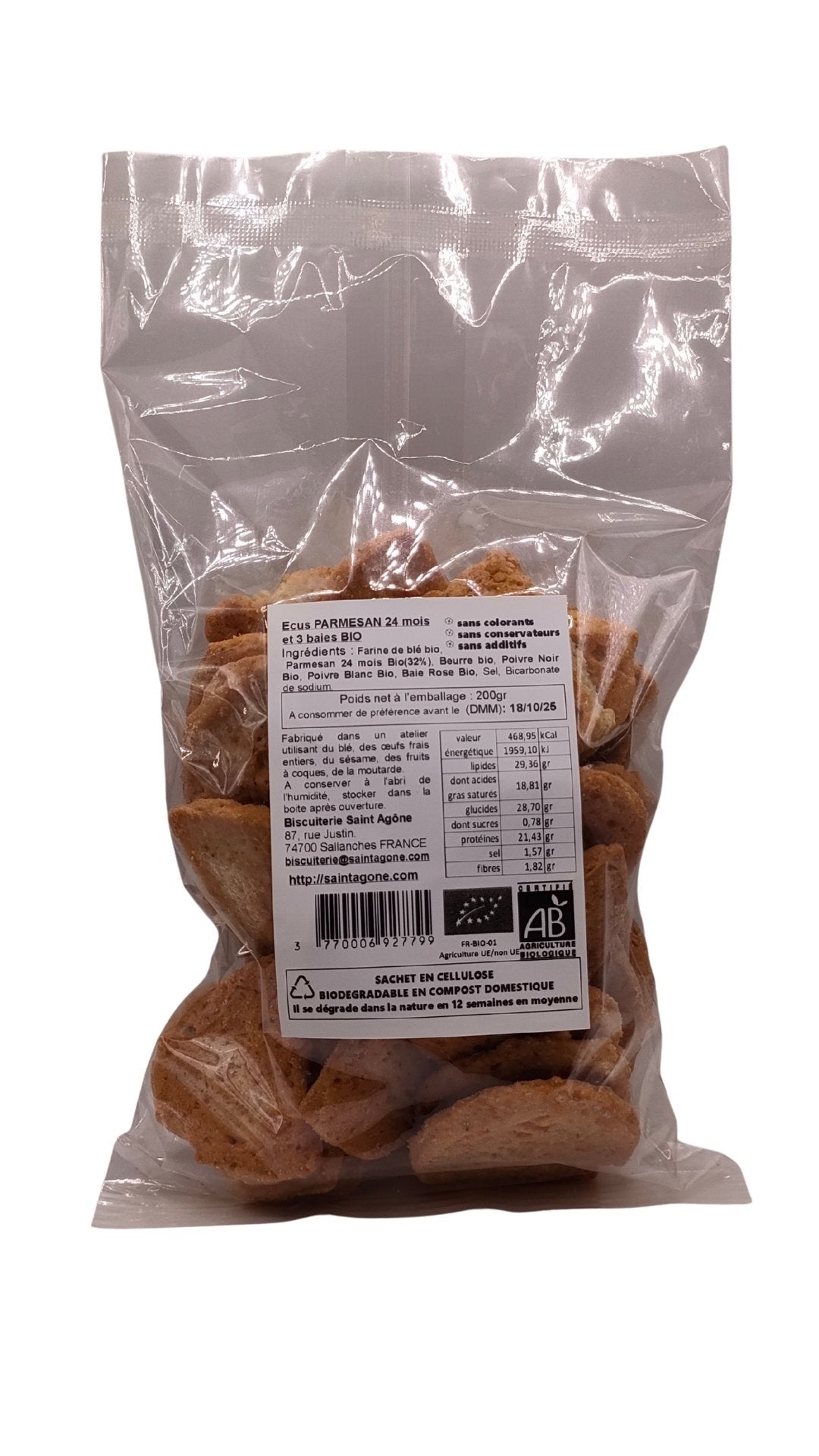 Sachet biodégradable transparent de 200g d'Ecus bio Parmesan poivre 3 baies