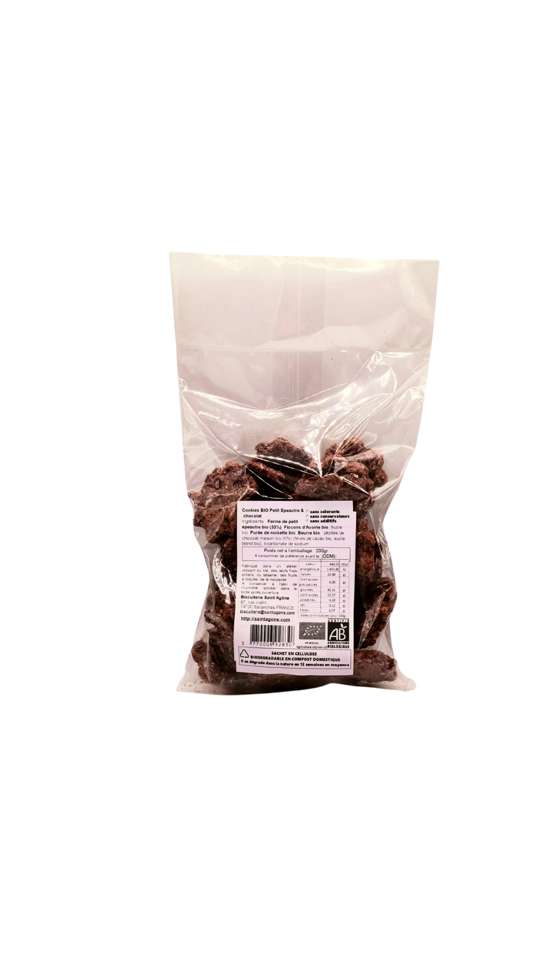 sachet biodegradable transparent 200gr cookies bio petit epeautre chocolat