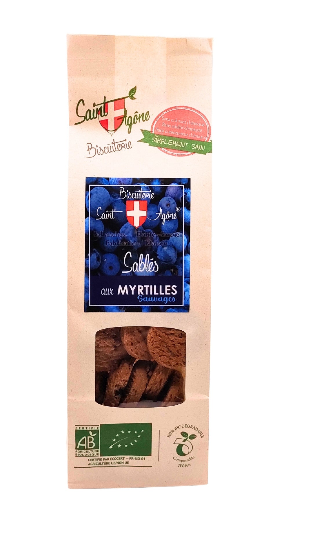 Devant du sachet biodégradable aux sablés myrtilles bio
