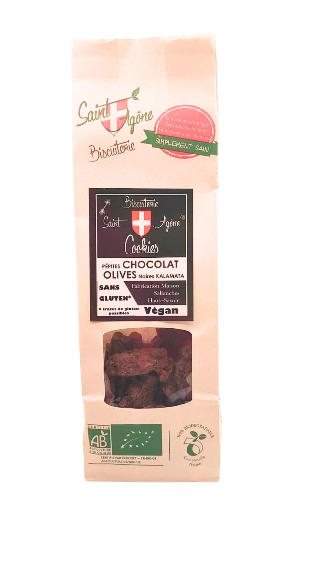Devant du sachet biodégradable de 125g de cookies bio sans gluten végan chocolat noir fait maison et olives noires de Kalamata. 