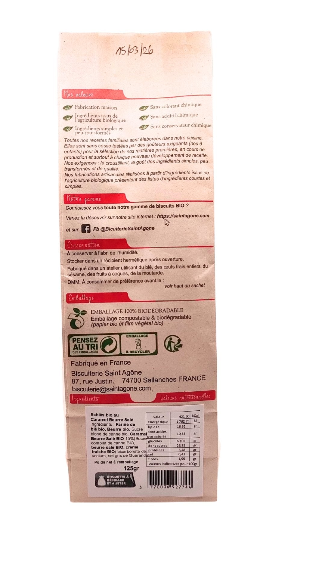 Dos du sachet biodégradable de Sablés bio au caramel beurre salé
