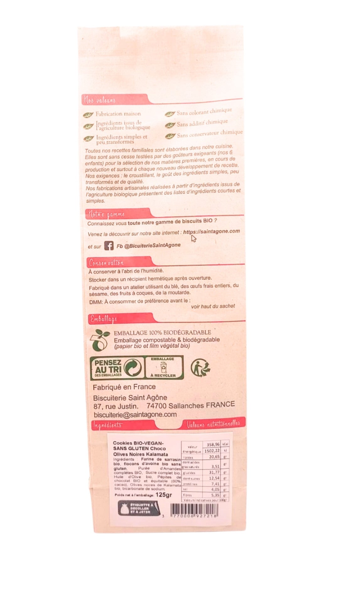 Dos du sachet biodégradable de 125g de cookies bio sans gluten et végan au chocolat noir fait maison et olives noires de Kalamata