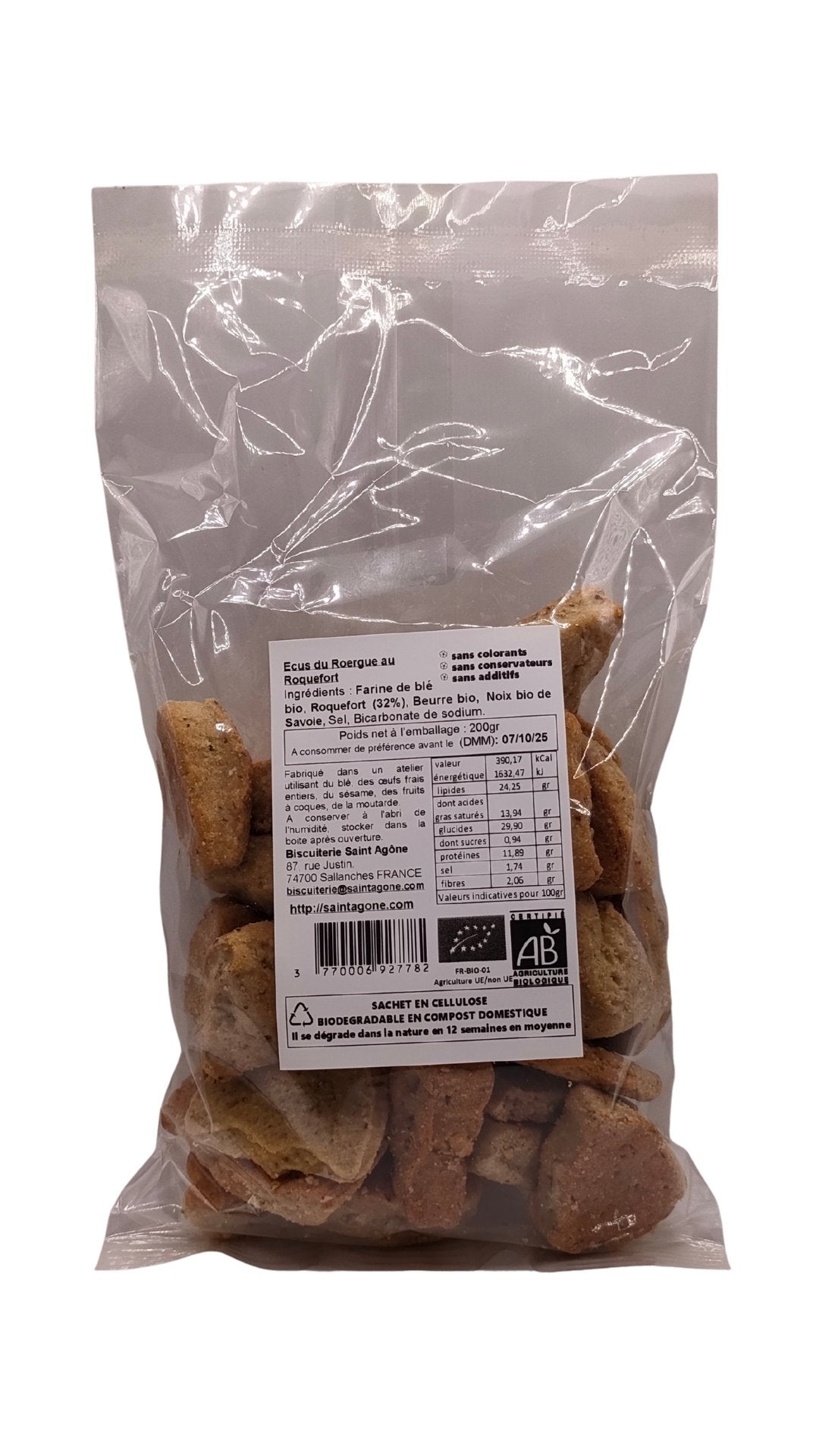 Sachet biodégradable transparent de 200g d'Ecus au Roquefort bio