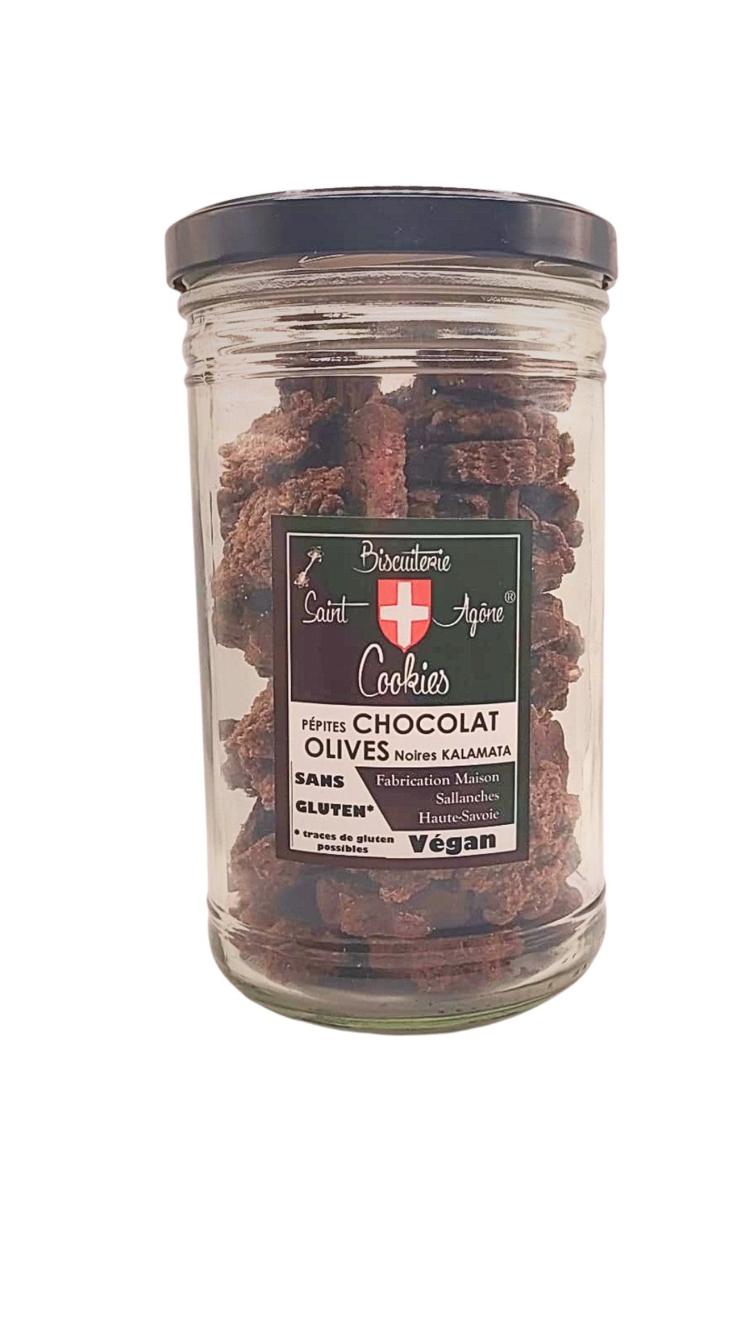 Grand bocal de 350g de cookies bio sans gluten végan au chocolat noir fait maison et aux Olives de Kalamata.