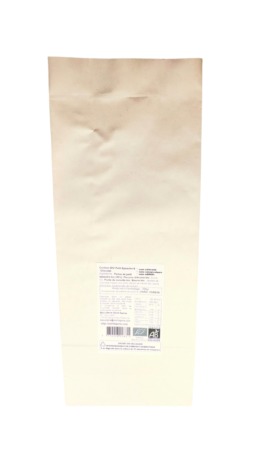 Grand sachet de 750g cookies bio petit epeautre chocolat