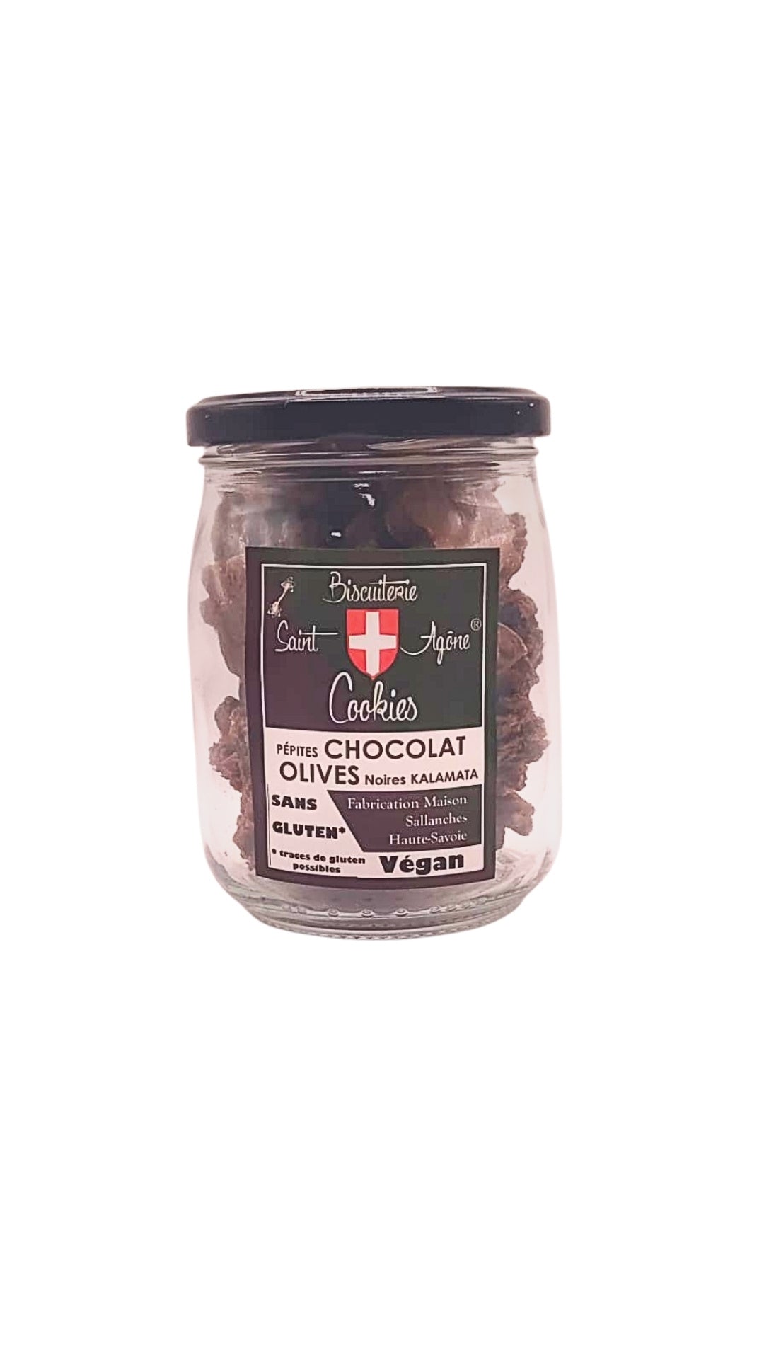 Petit bocal de 200g de cookies bio sans gluten végan au chocolat noir fait maison et aux olives noires de Kalamata
