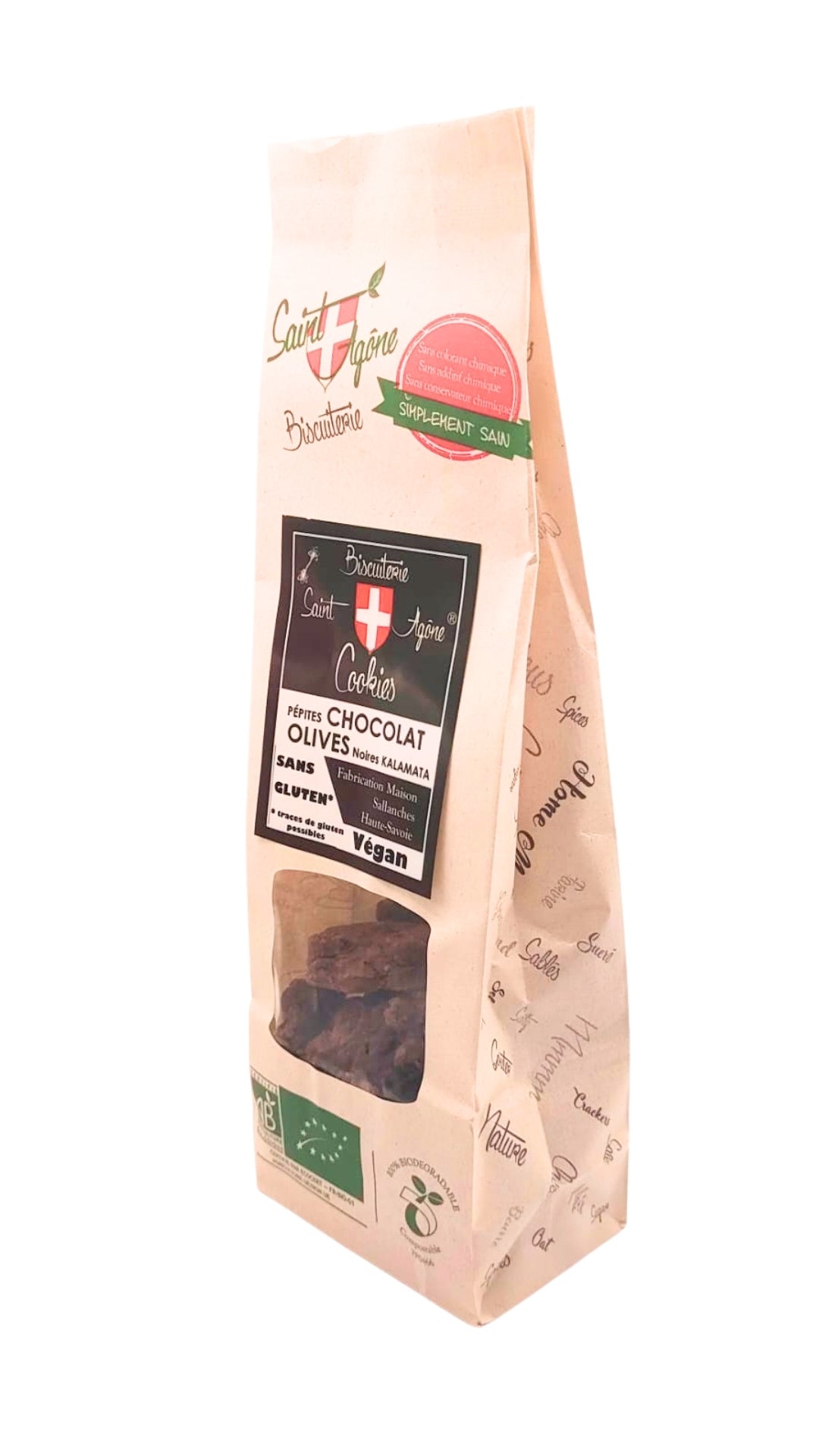 Sachet biodégradable de 125g de cookies bio sans gluten vegan au chocolat noir fait maison et aux olives noires de Kalamata.