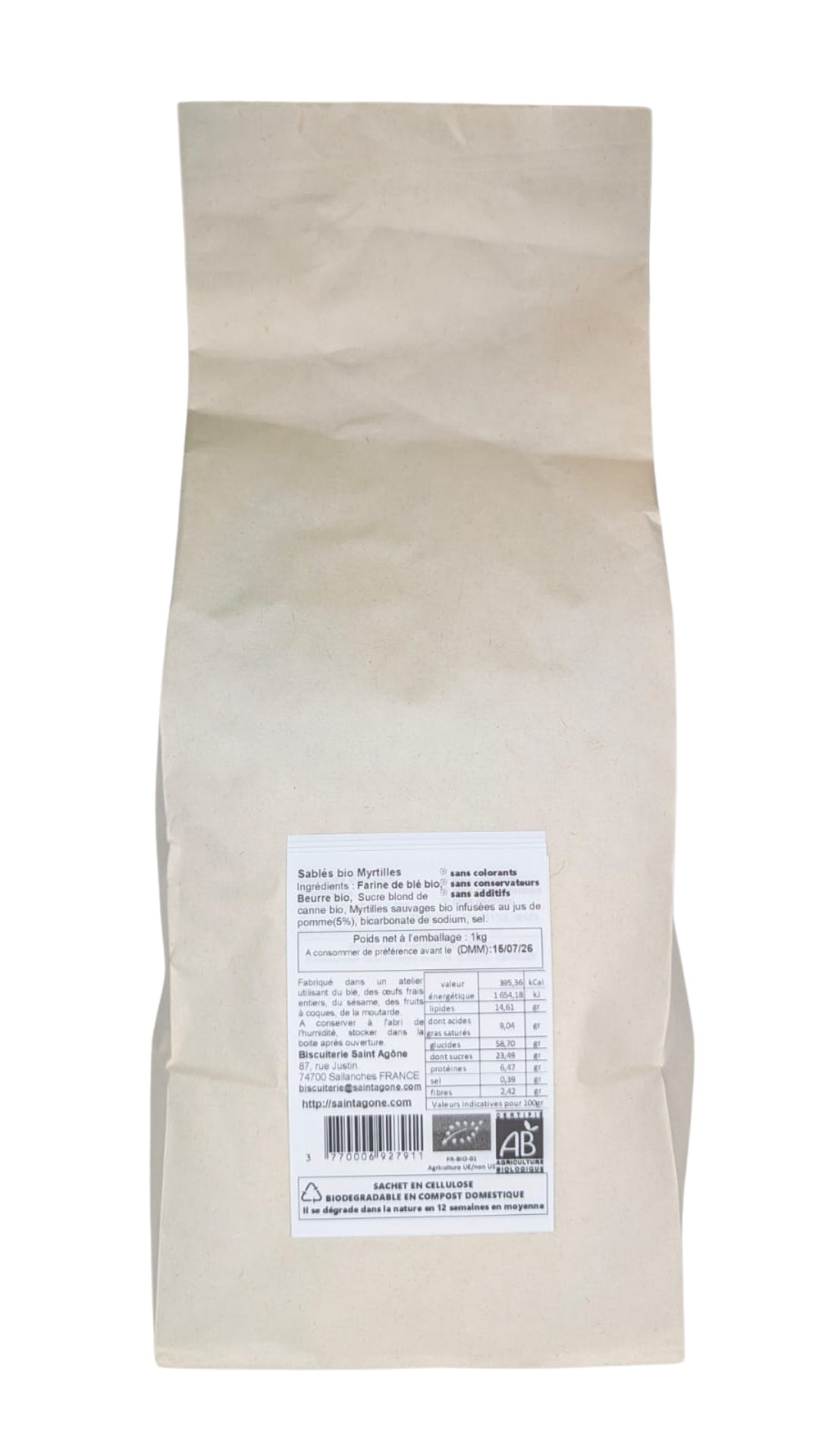 Sachet biodégradable d'1kg de Sablés bio aux myrtilles