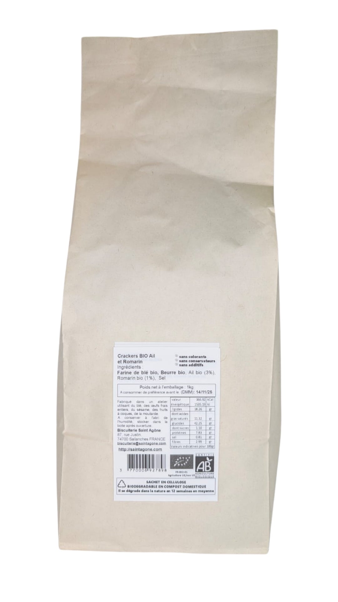 Sachet biodégradable de 750g de Crackers bio Ail & Romarin