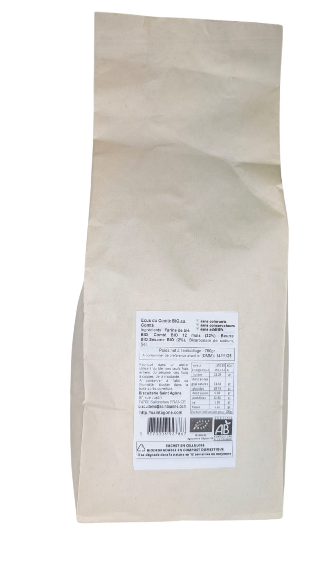 Sachet biodégradable de 750g d'Ecus bio au Comté