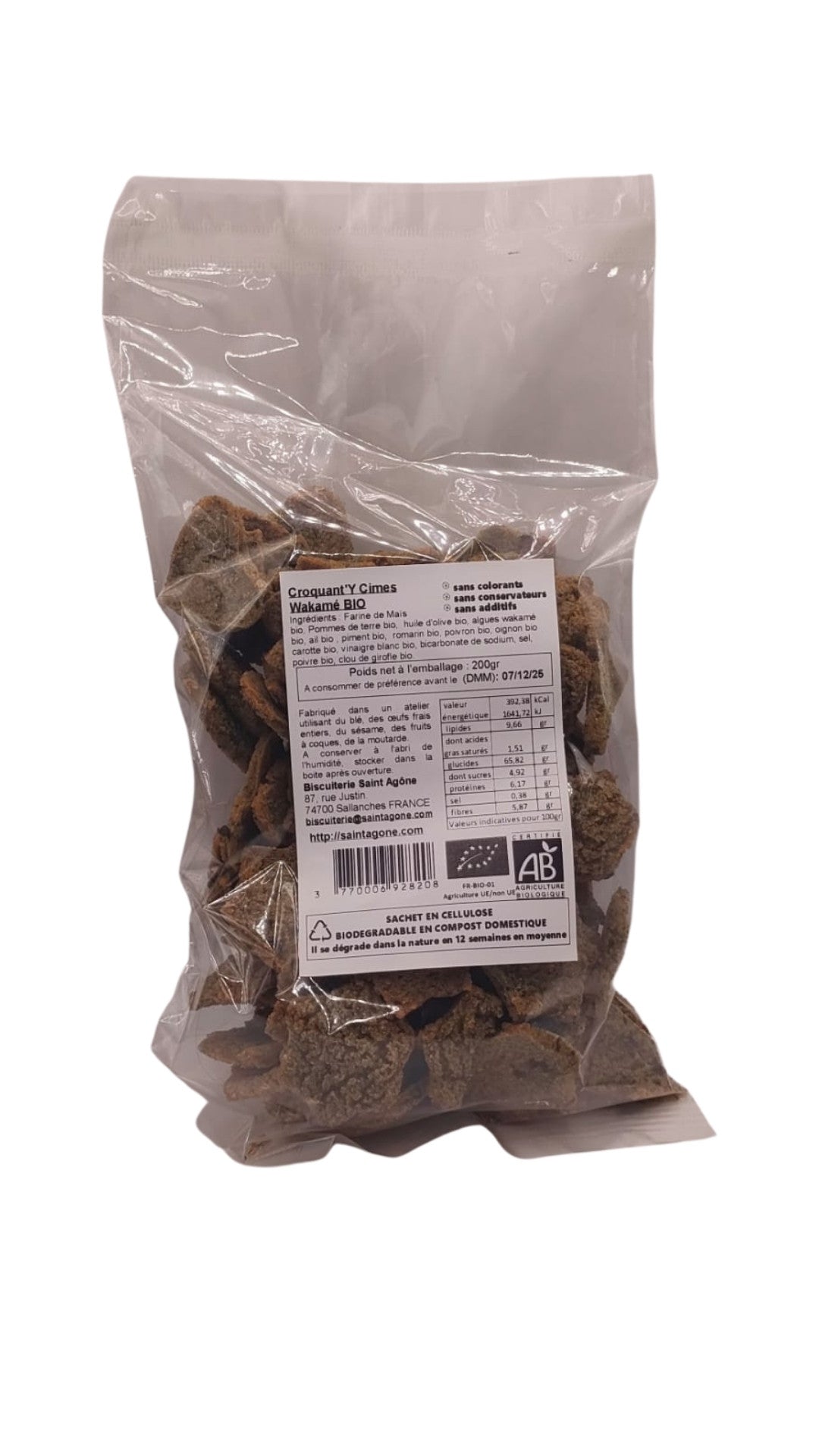 Sachet biodégradable transparent de 200g de Croquant'y cîmes bio sans gluten et végan au Wakamé