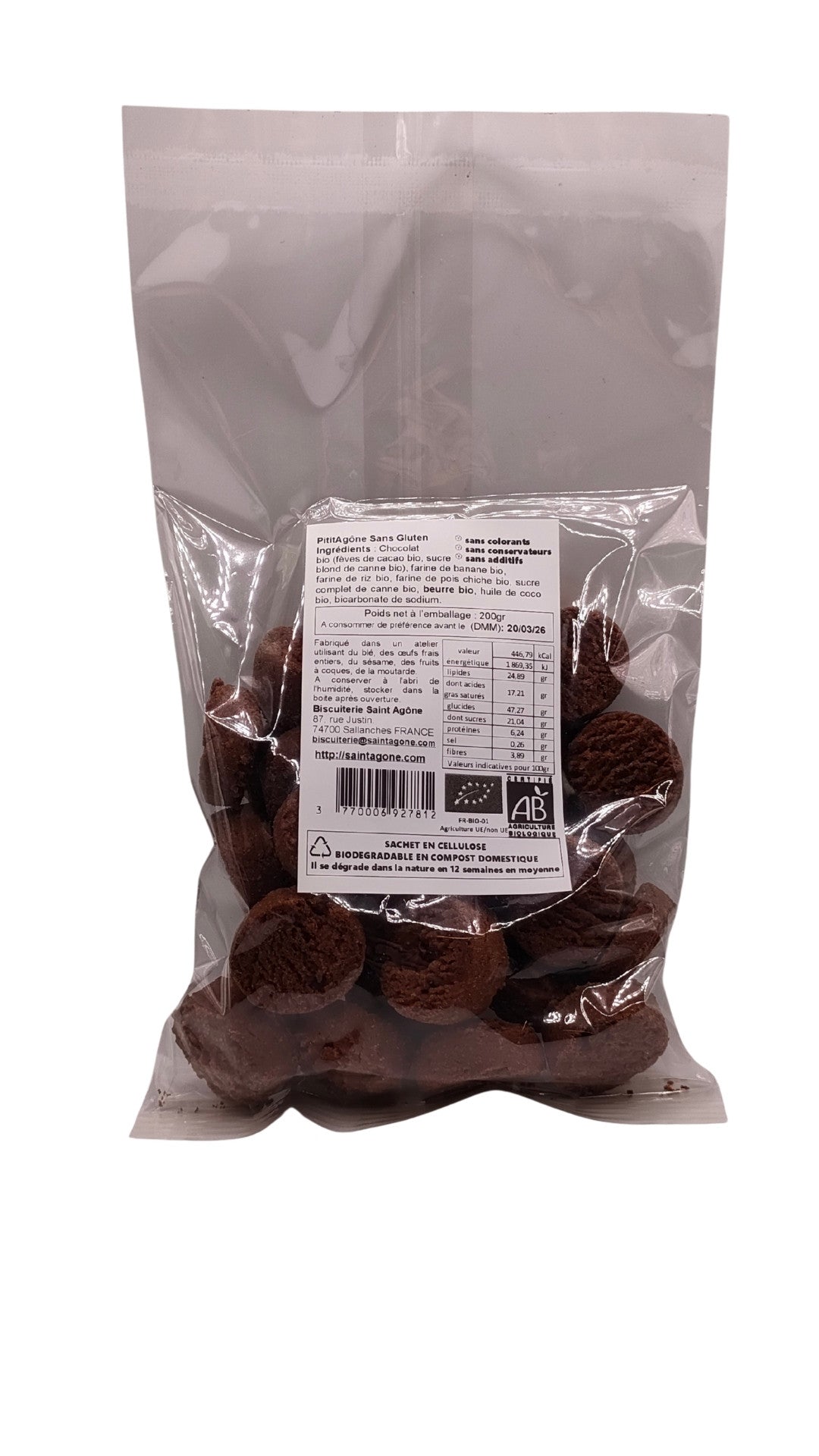Sachet biodégradable transparent de 200g de Ptitiagone bio sans gluten tout chocolat