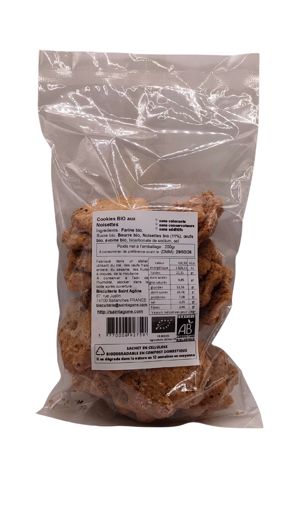 Sachet biodégradable transparent de 200g de Cookies bio aux Noisettes