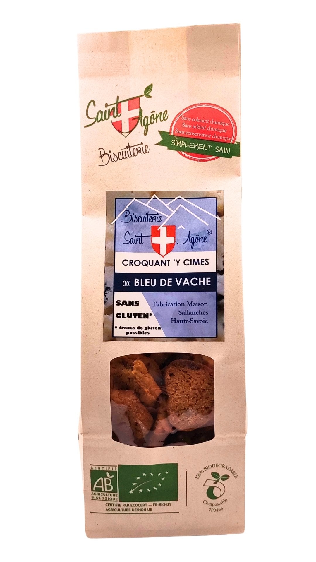 Devant du sachet biodegradable de Croquant'Y Cimes bio sans gluten au bleu de vache 