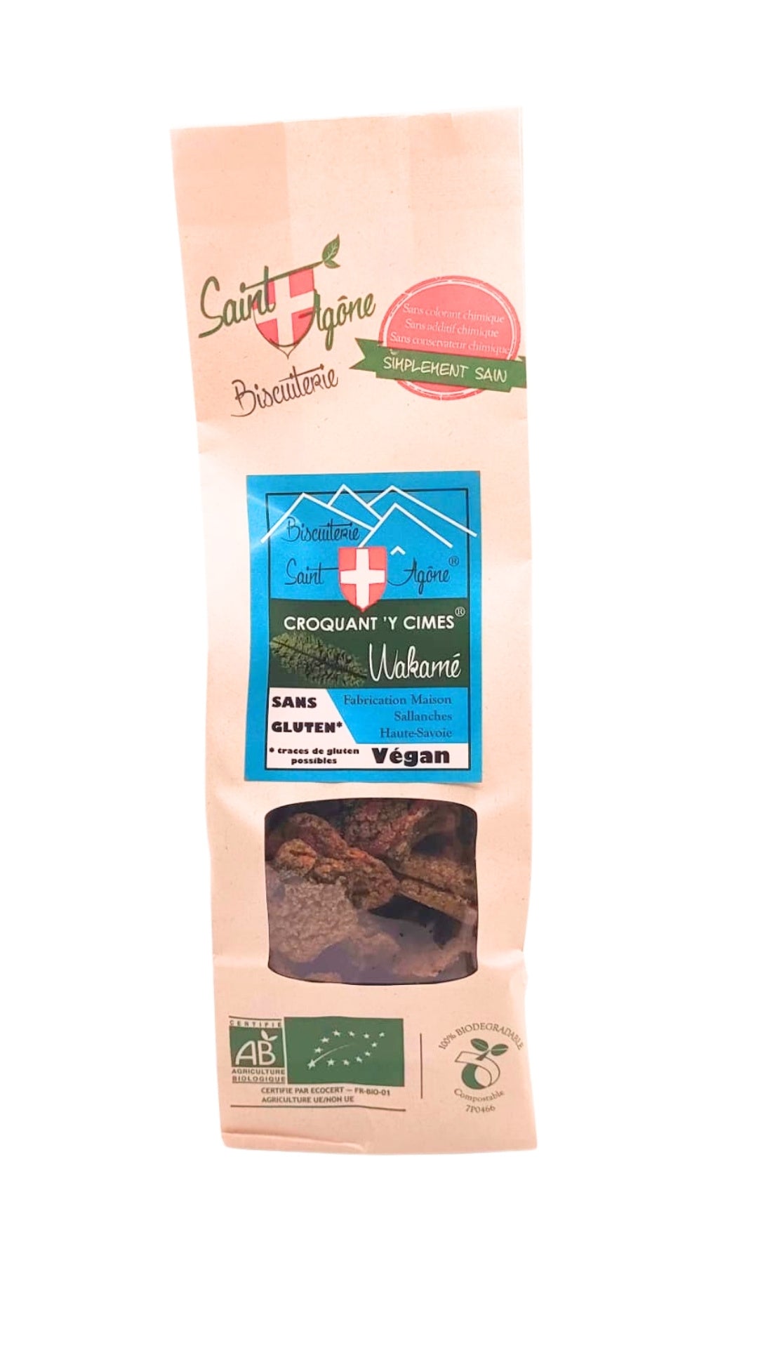 Devant du sachet biodégradable de 120g de Croquant'y cîmes bio sans gluten et végan au Wakamé