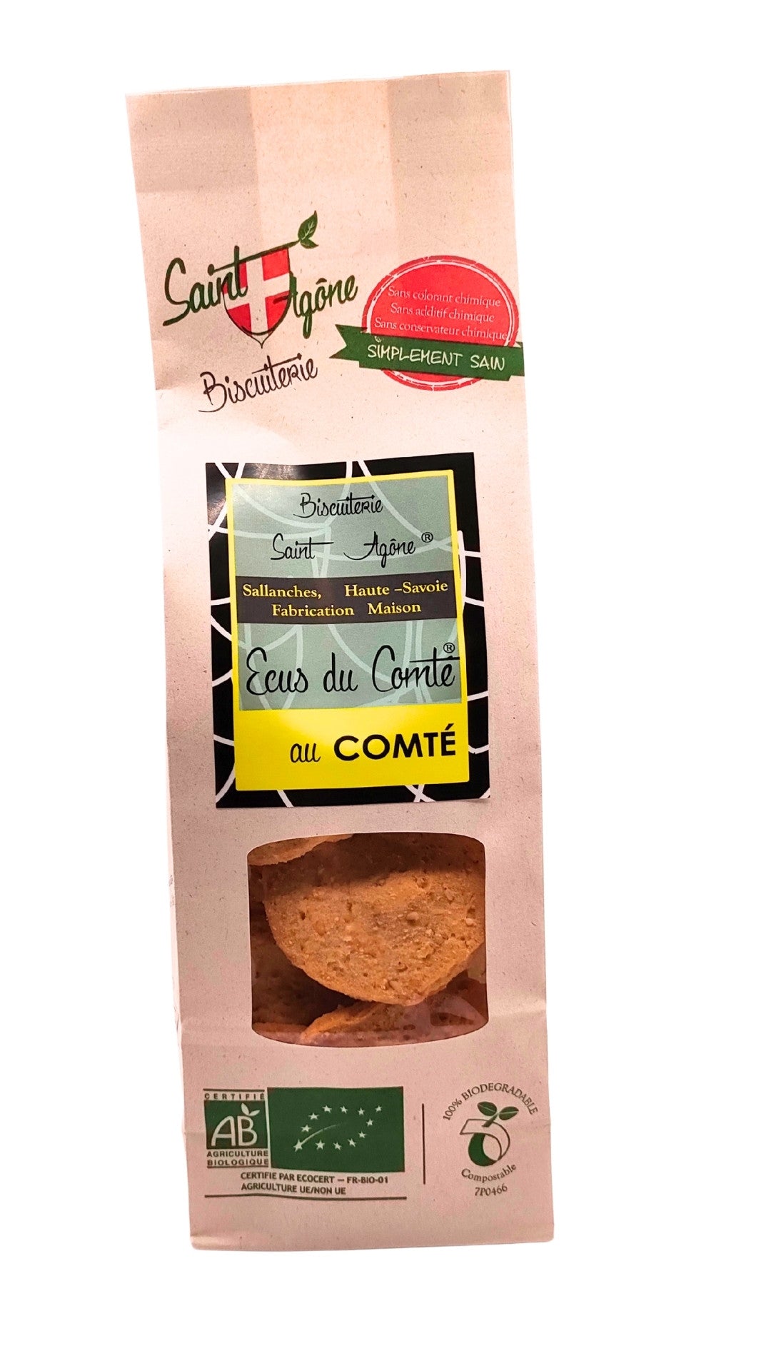 Devant du sachet biodégradable d'Ecus au Comté bio