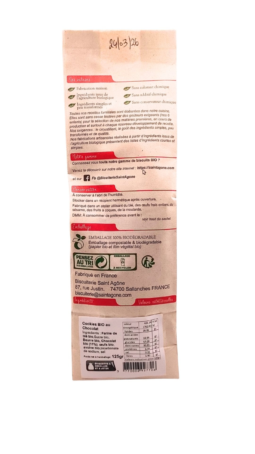 Dos du sachet biodégradable de cookies chocolat bio