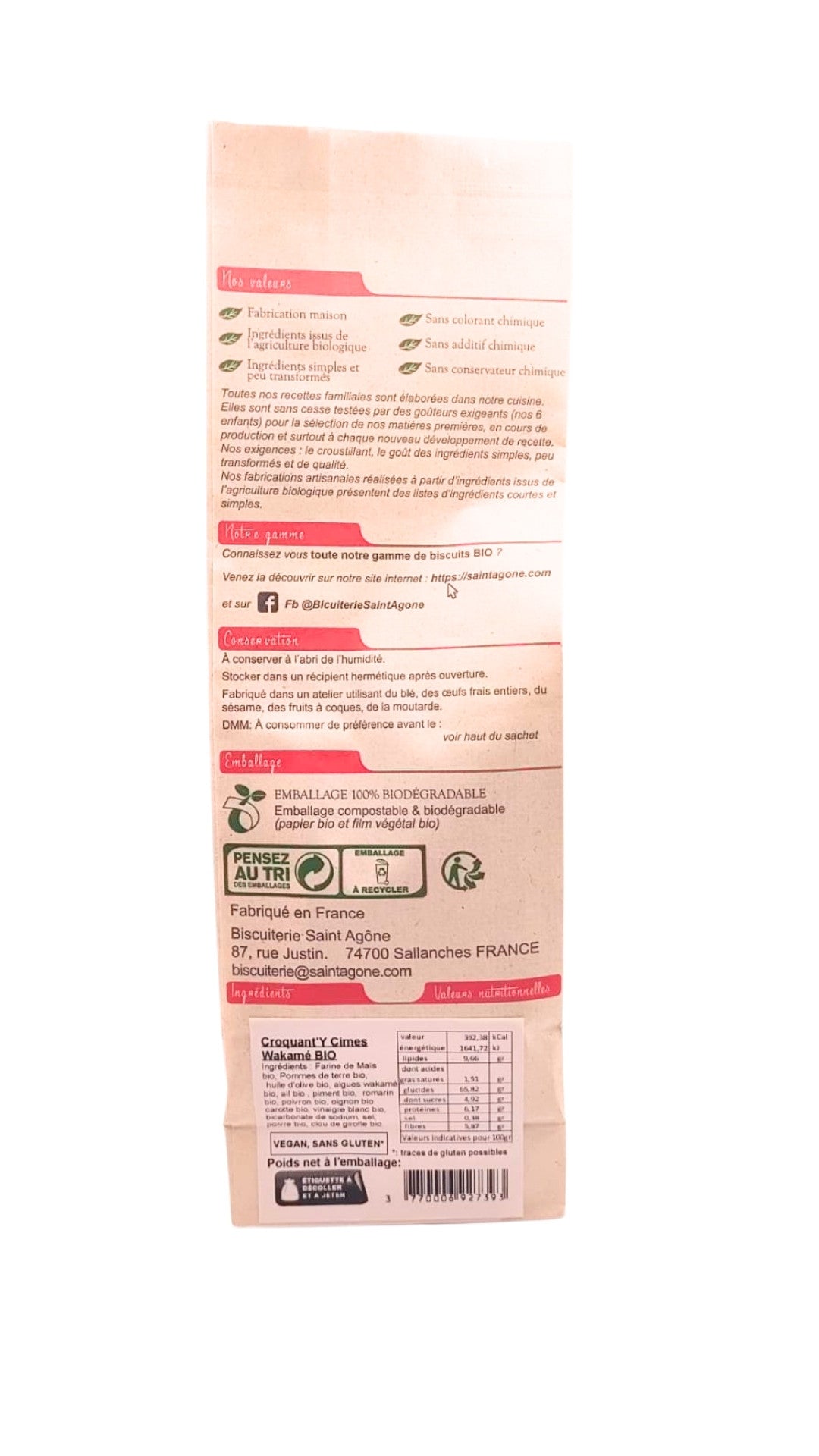 Dos du sachet biodégradable de 120g de Croquant'y cîmes bio sans gluten et vegan au Wakamé