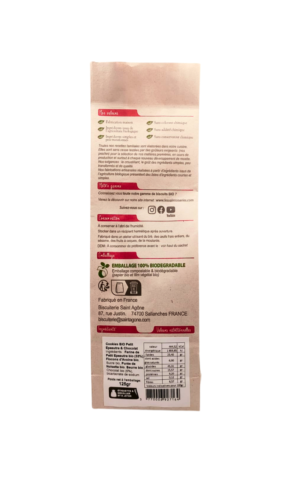 dos sachet biodegradable 125gr cookies bio petit epeautre chocolat