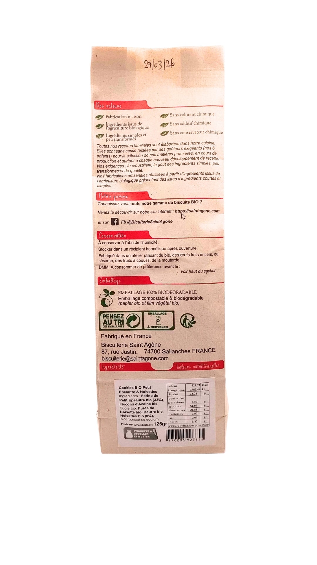 Dos du sachet biodégradable de Cookies Petit Epeautre  &Noisettes bio