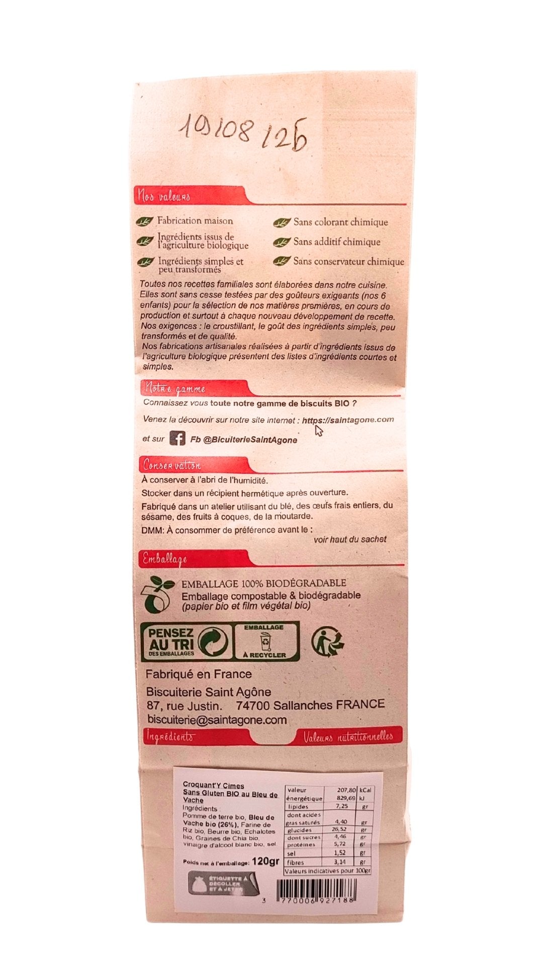 Dos du sachet biodégradable de Croquant'Y Cimes bio sans gluten au bleu de vache