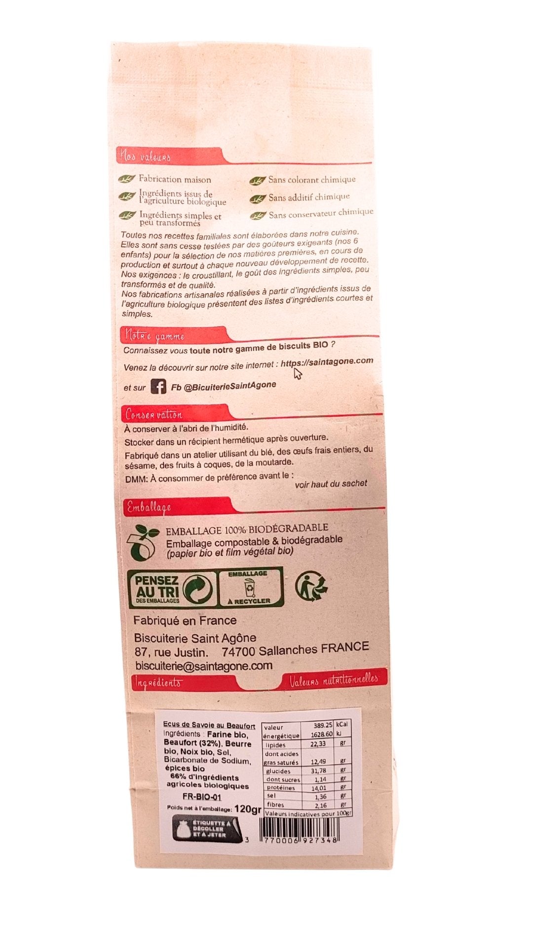 Dos du sachet biodégradable d'Ecus au Beaufort