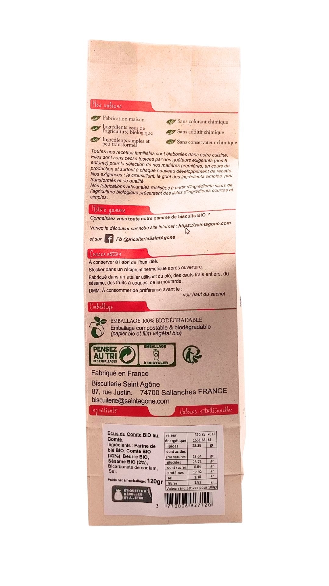 Dos du sachet biodégradable d'Ecus au Comté bio