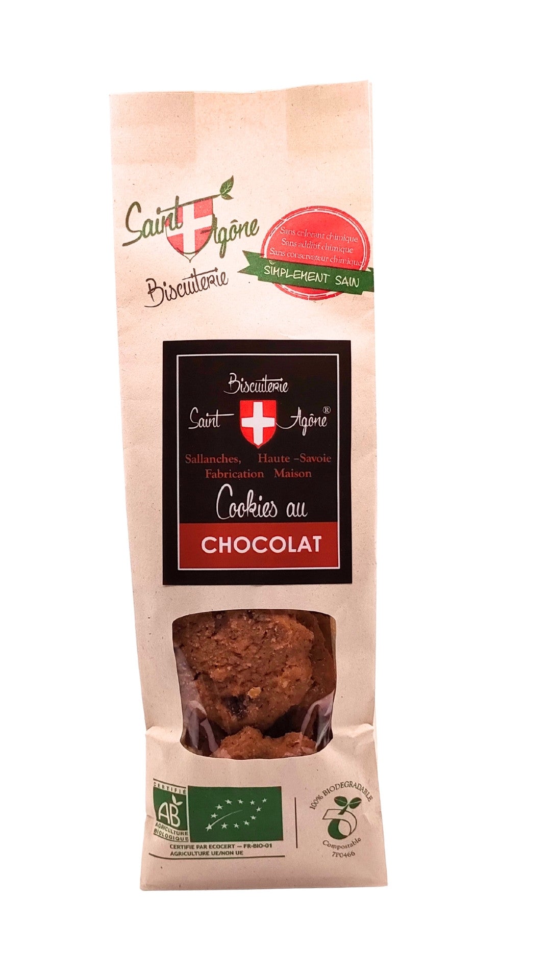 Devant du sachet biodégradable de cookies chocolat bio