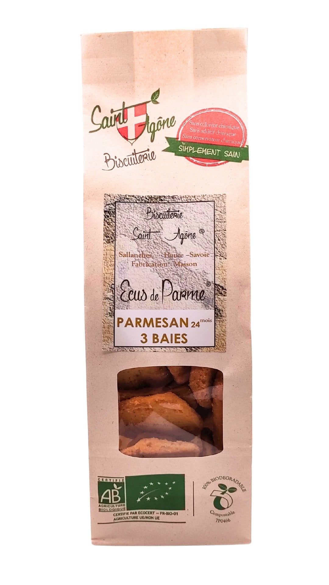 Devant du sachet biodégradable d'Ecus Parmesan Poivre 3 baies bio