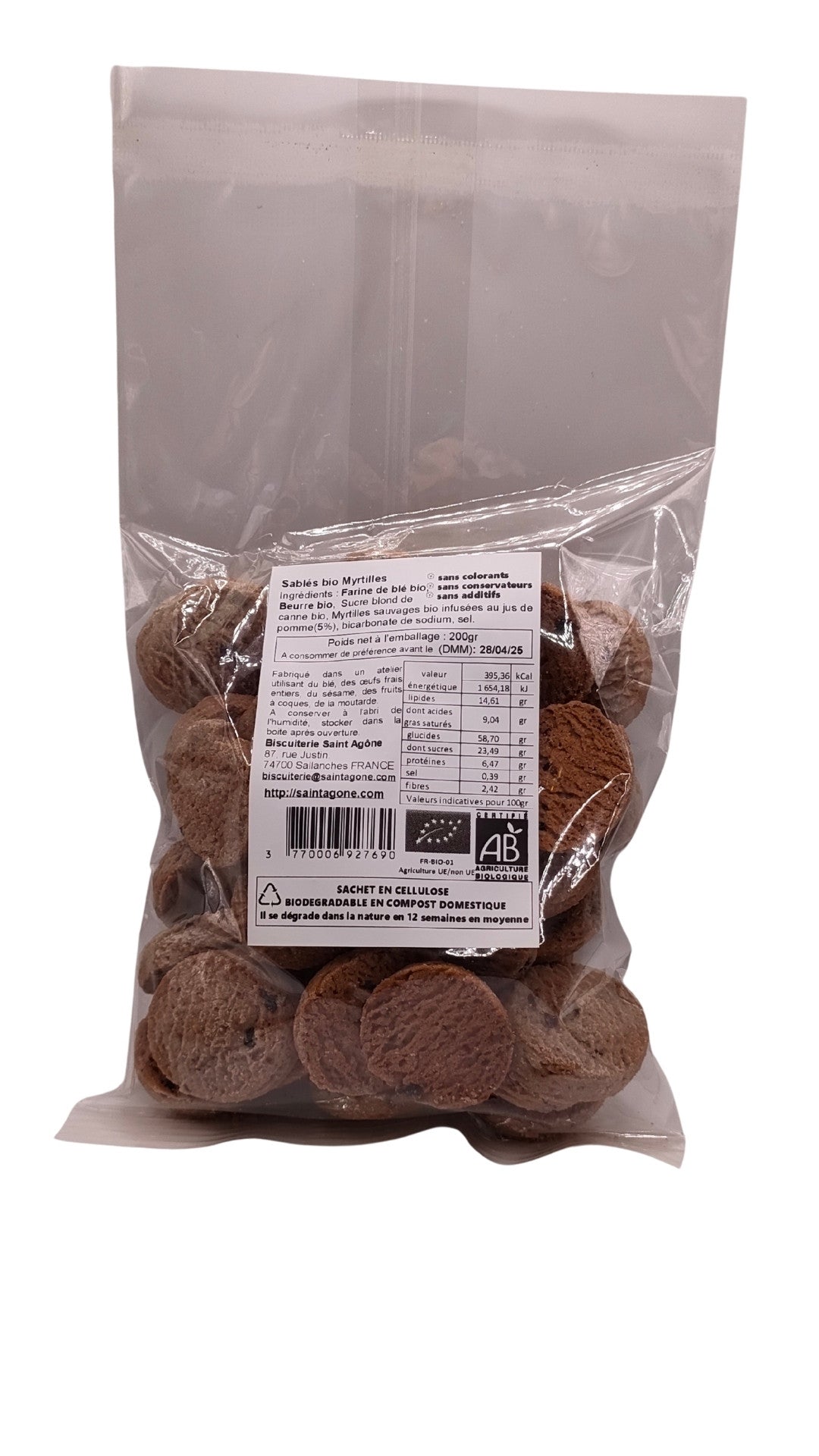 Sachet biodégradable transparent de 200g de sablés bio aux myrtilles
