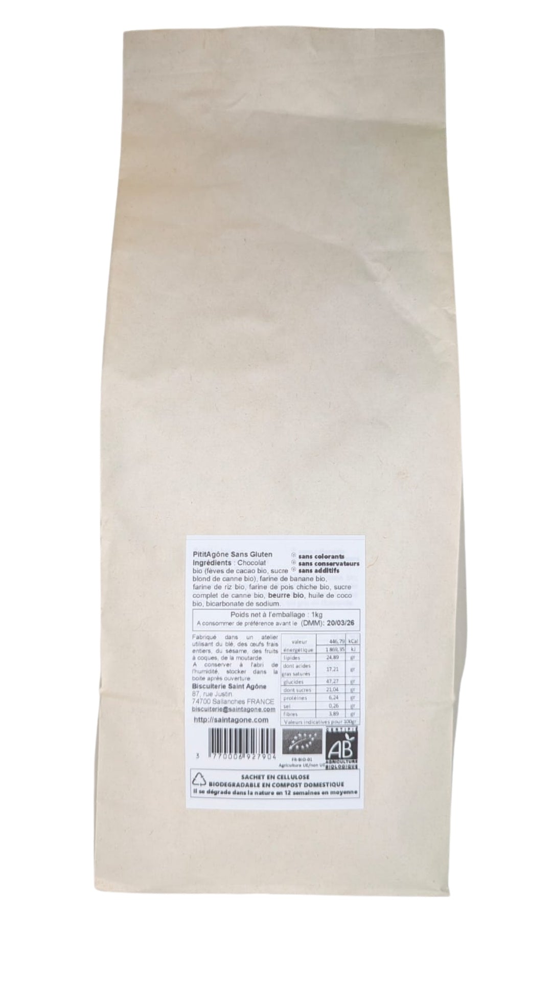 Sachet biodégradable d'1kg de Pititgone bio sans gluten tout chocolat