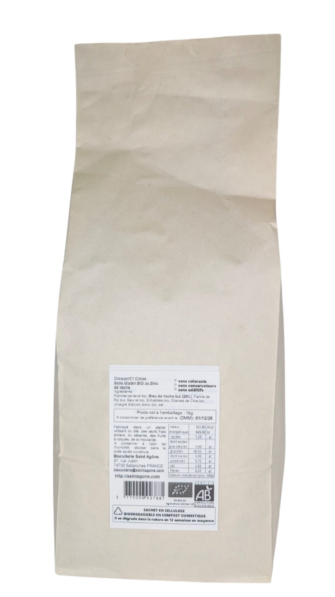 Sachet biodégradable de 1kg de Croquant'y cîmes bio sans gluten au bleu de vache