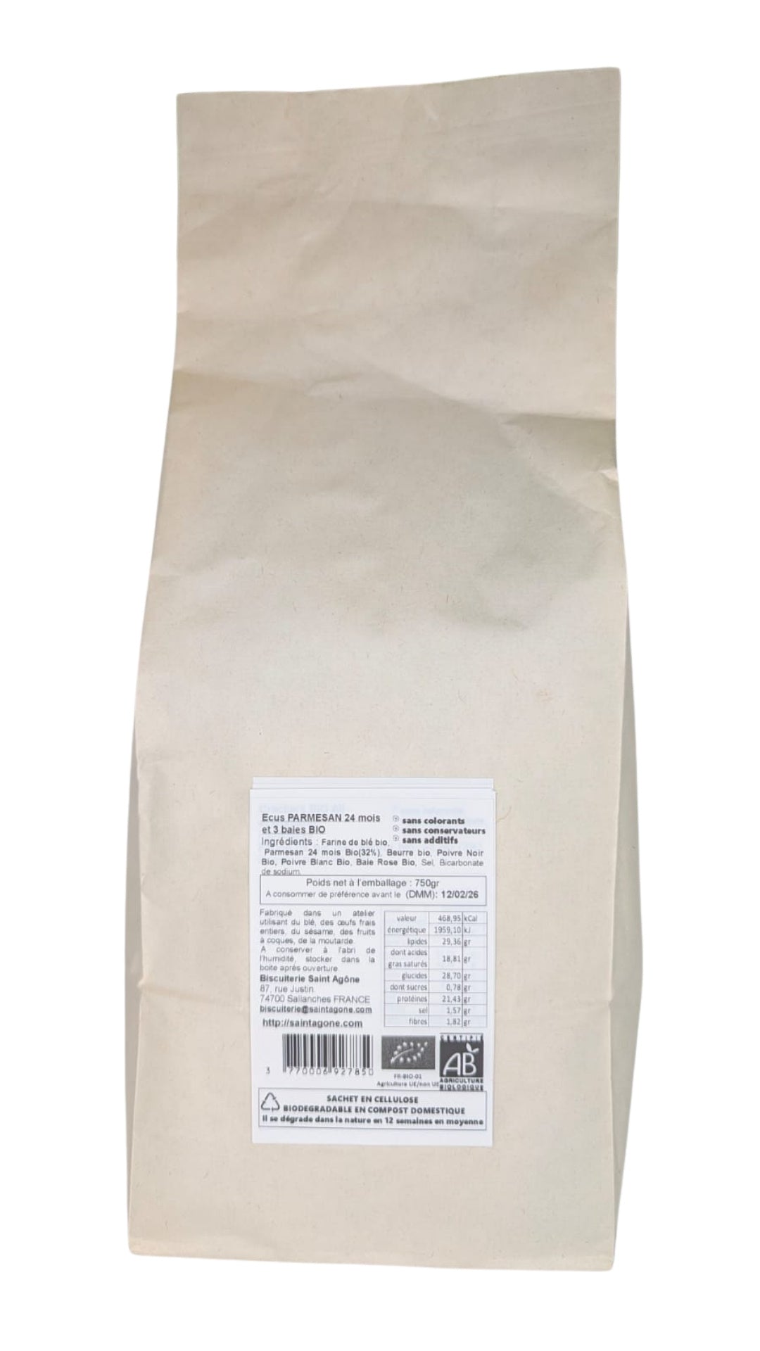 Sachet biodégradable de 750g d'Ecus bio Parmesan et Poivre 3 baies