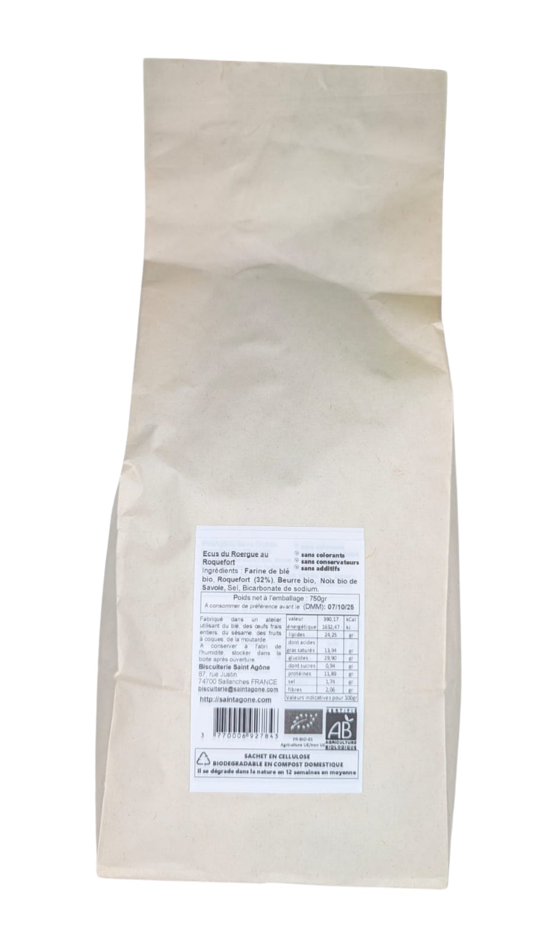 Sachet biodégradable de 750g d'Ecus bio au Roquefort