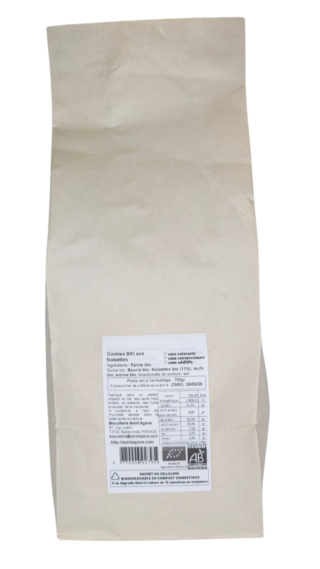 Sachet biodégradable de 750g de Cookies bio aux Noisettes
