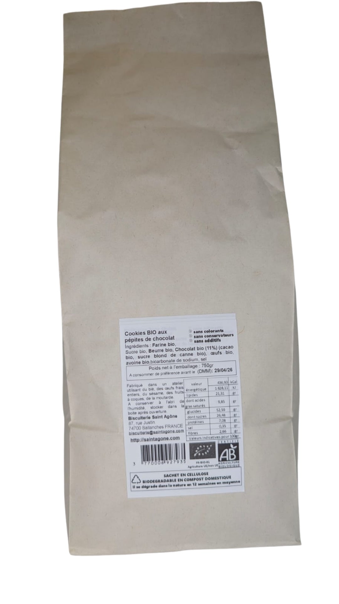 Sachet biodégradable de 750g de Cookies bio au Chocolat