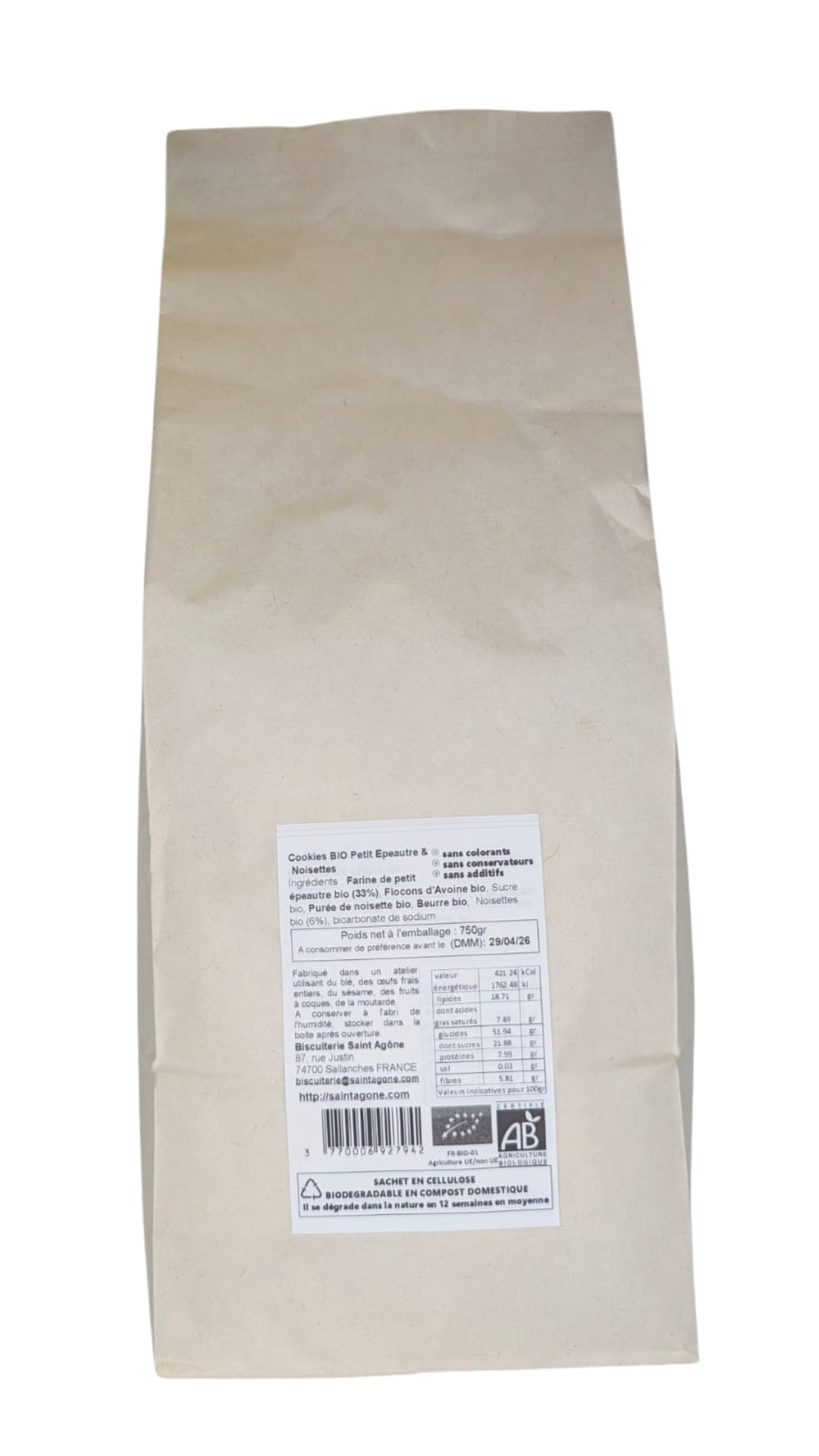 Sachet biodégradable de 750g de Cookies bio Petit Epeautre et Noisettes
