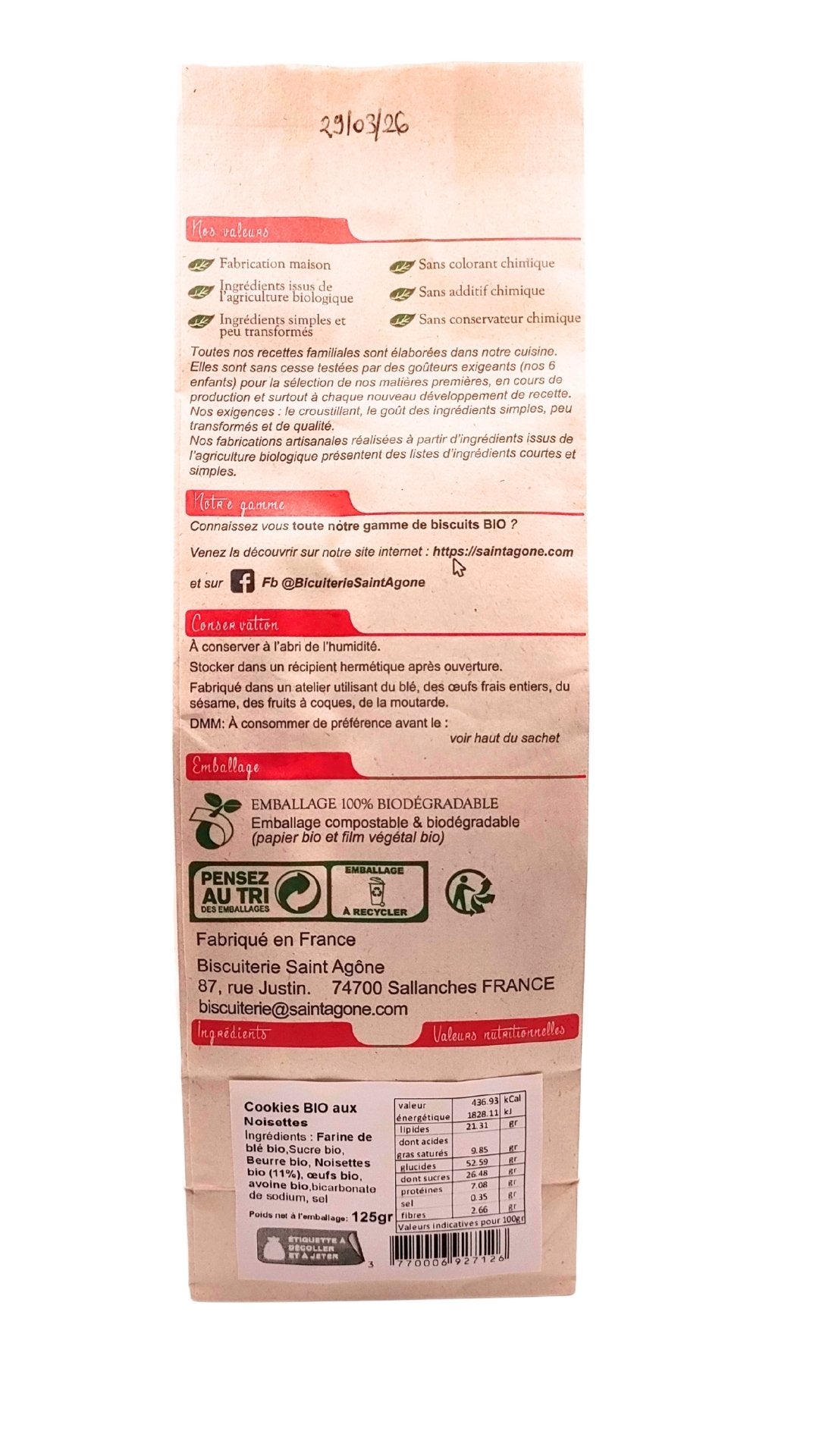 Dos du sachet biodégradable de Cookies Noisettes bio