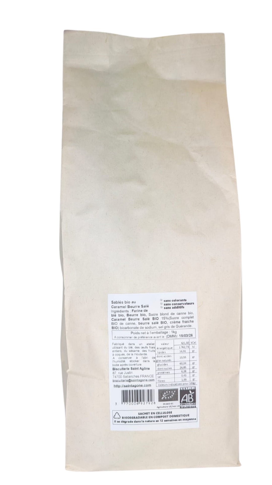 Sachet biodégradable de 1kg de Sablés bio au caramel beurre salé
