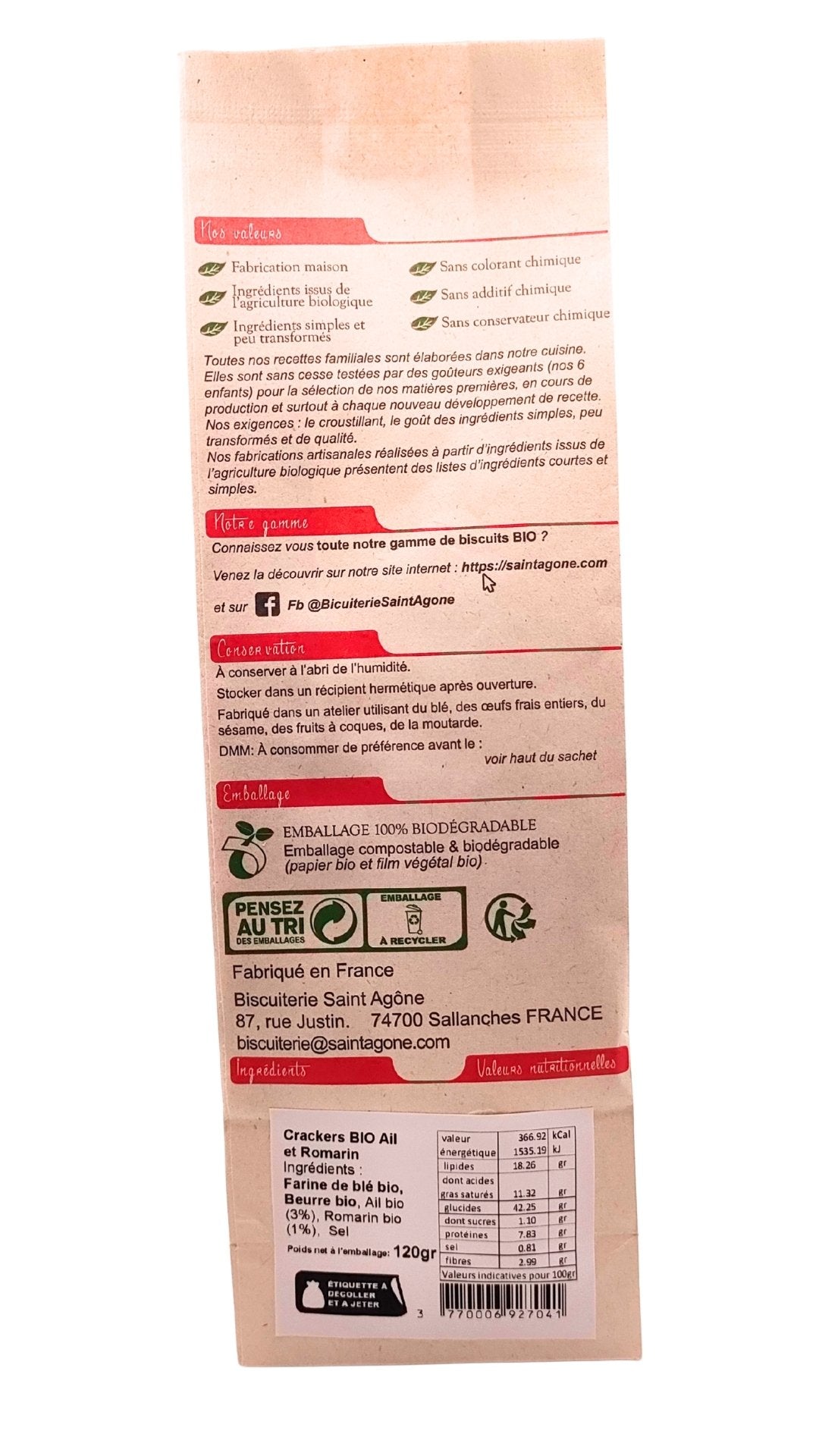 Dos du sachet biodegradable de Crackers ail romarin bio