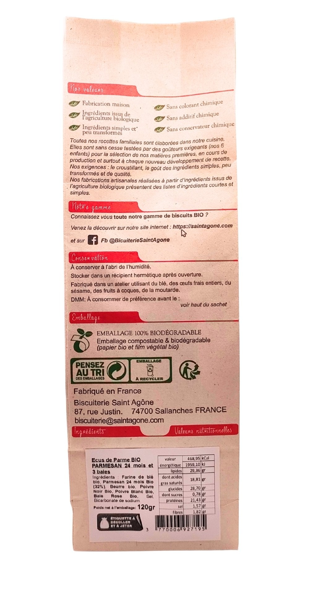 Dos du sachet biodégradable d'Ecus Parmesan Poivre 3 baies bio