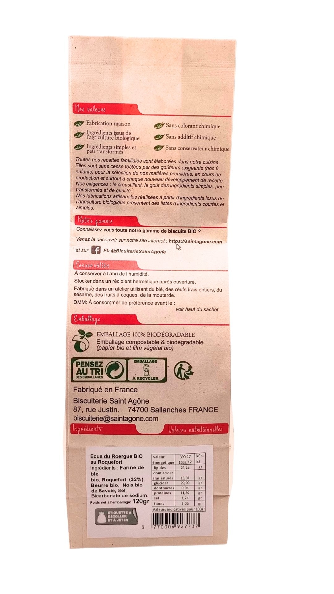 Dos du sachet biodégradable d'Ecus au Roquefort bio