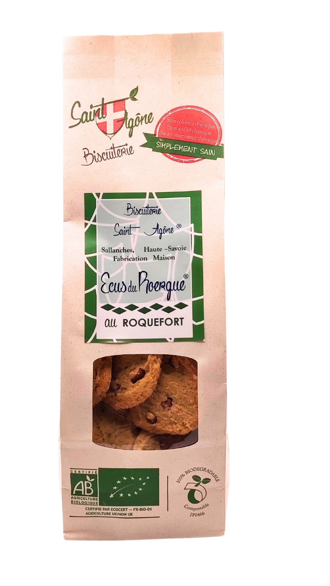 Devant du sachet biodégradable d'Ecus au Roquefort bio