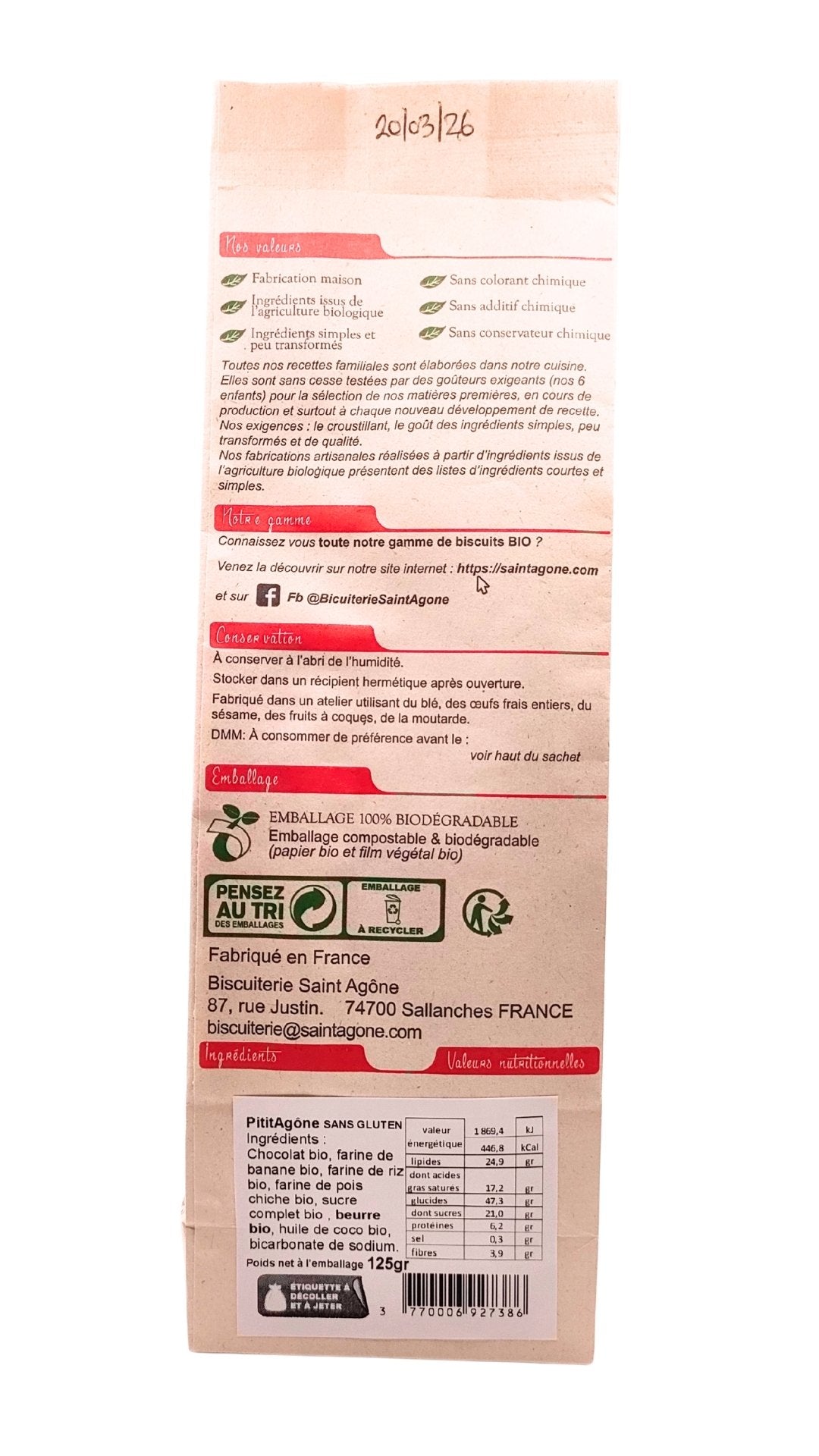 Dos du sachet biodegradable de Pititagône bio sans gluten tout chocolat