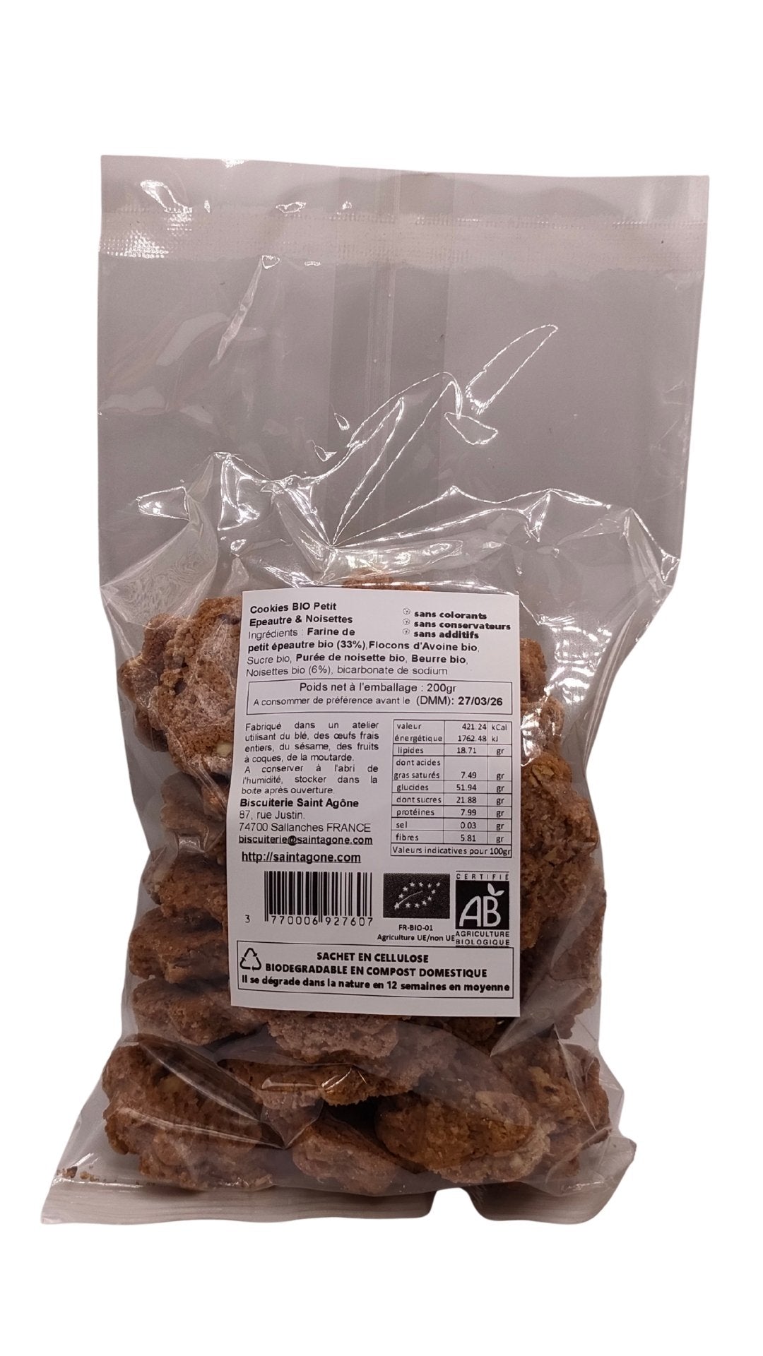 Sachet biodégradable transparent de 200g de Cookies bio Petit Epeautre et Noisettes