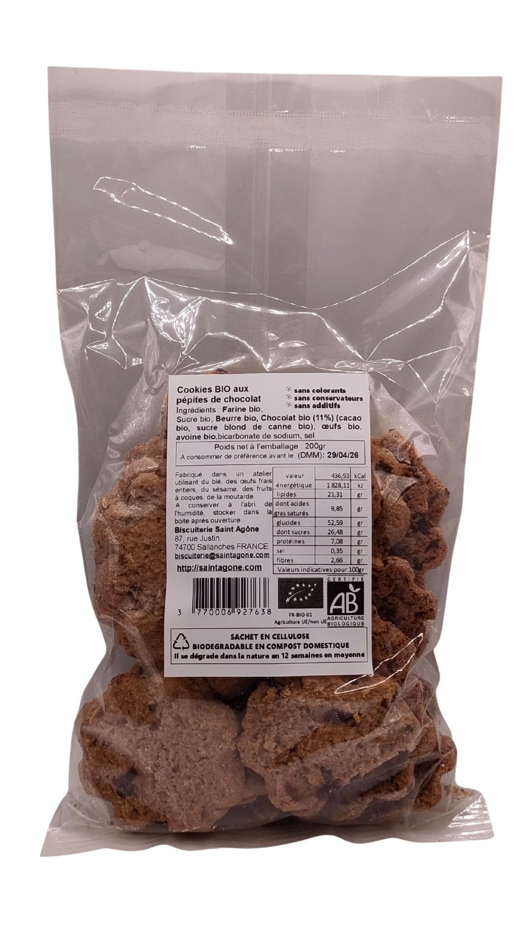 Sachet biodégradable transparent de 200g de Cookies bio au chocolat