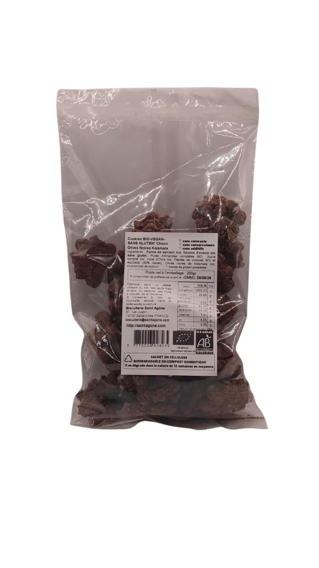 Sachet biodégradable transparent de 200g de cookies bio sans gluten et végan au chocolat noir fait maison et olives noires de Kalamata.
