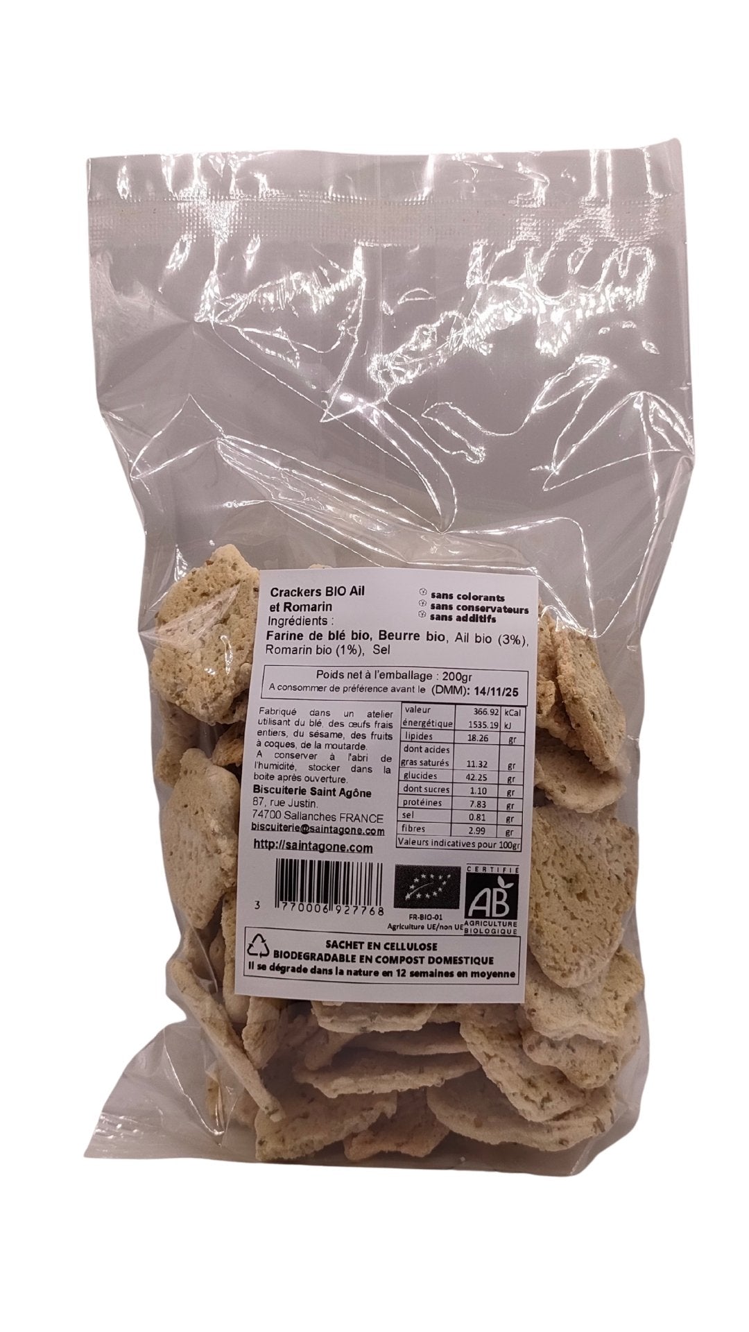 Sachet biodégradable transparent de 200g de Crackers bio Ail & Romarin
