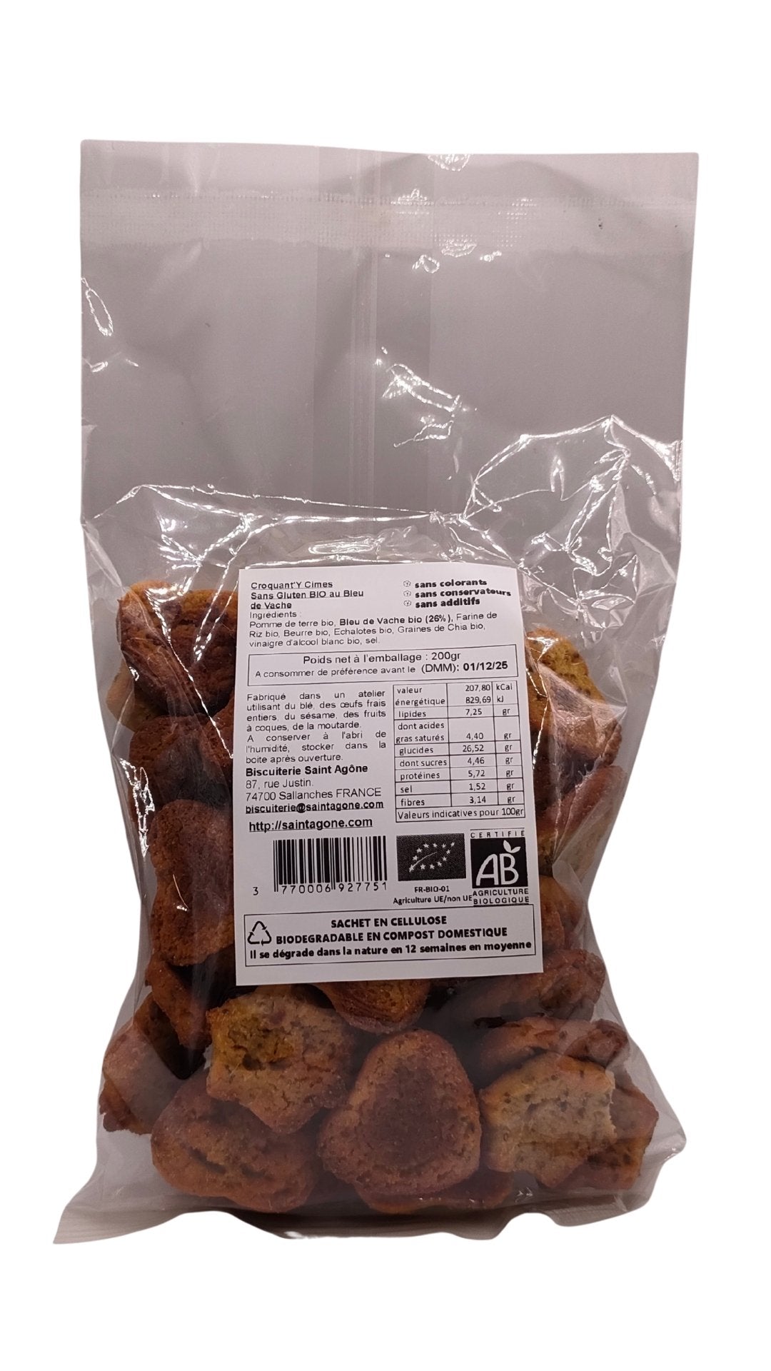 Sachet biodégradable transparent de 200g de Croquant'y cimes bio sans gluten au bleu de vache